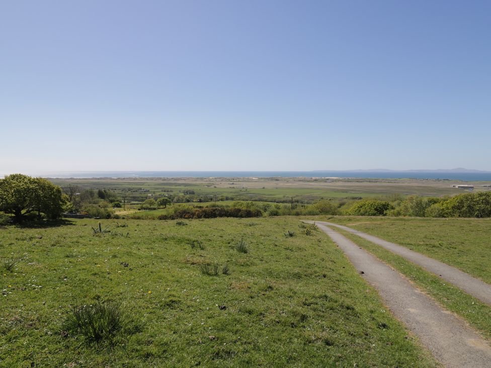 A landscape view with a tree and path leading to the horizon at Beudy Bach Llanbedr