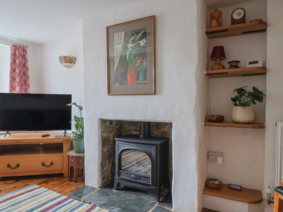 A living room with a television and a stove at Saybrook Cottage in Charmouth