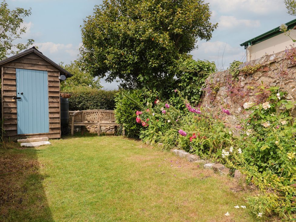 A garden with a shed and flowers at Saybrook Cottage in Charmouth
