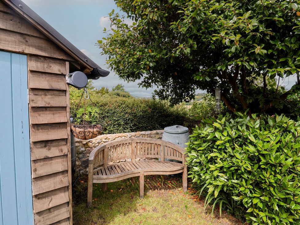 A garden with a wooden bench and a storage container at Saybrook Cottage in Charmouth