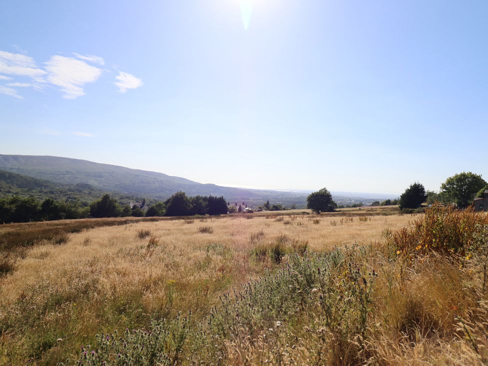 A field with grass and trees overlooking hills at Tyn Y Weirglodd in Deiniolen