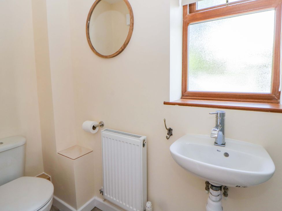 A bathroom with a toilet, sink, mirror, and radiator at Yr Onnen