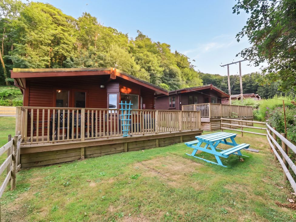 An outdoor area featuring log cabins and a picnic table at Seagull Lodge Watermouth near Combe Martin