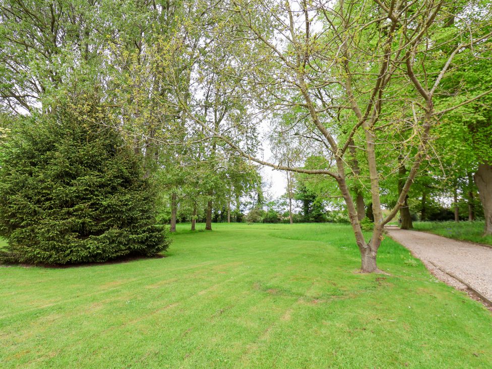 A garden with trees and a pathway at The Gardener's Cottage, Low Hall Scarborough