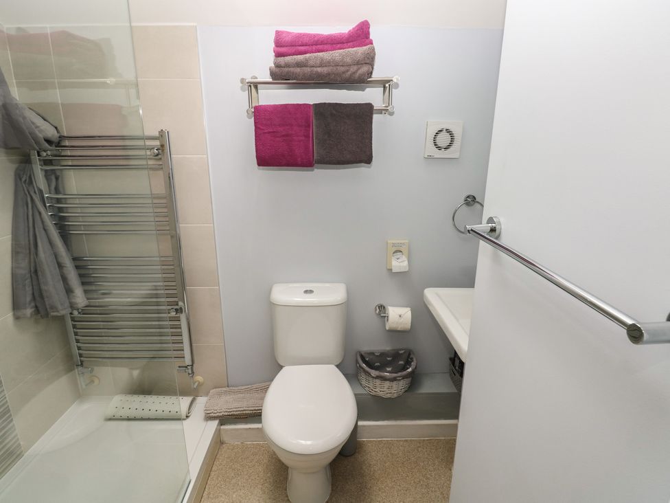 A bathroom with a toilet and shower at The Gallops in Barry