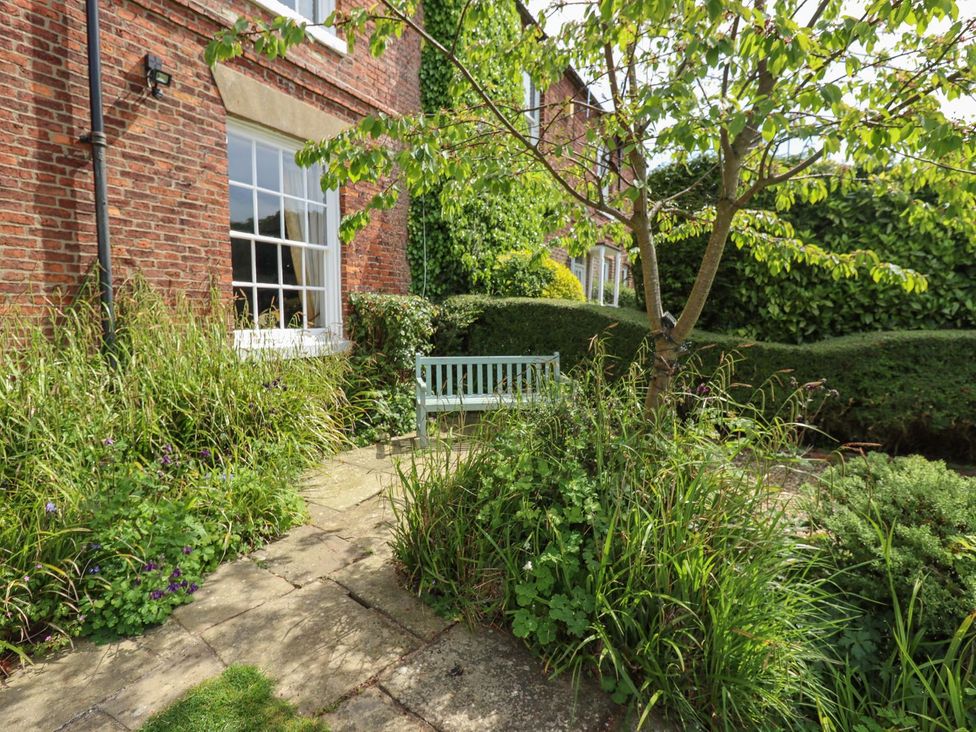 A garden with a bench and plants at Reighton House in Filey