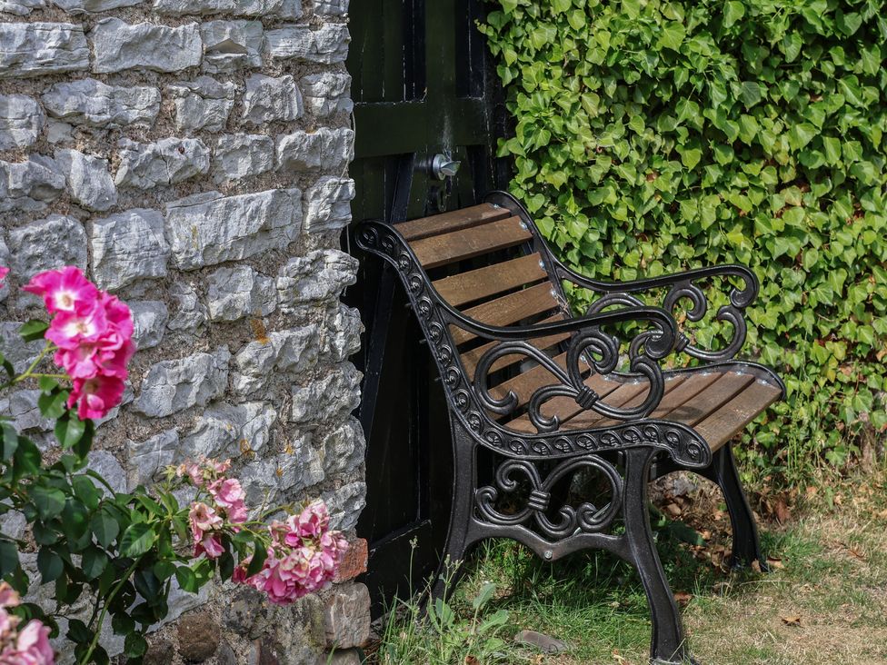 A bench near a wall with roses at Reighton House in Reighton near Filey