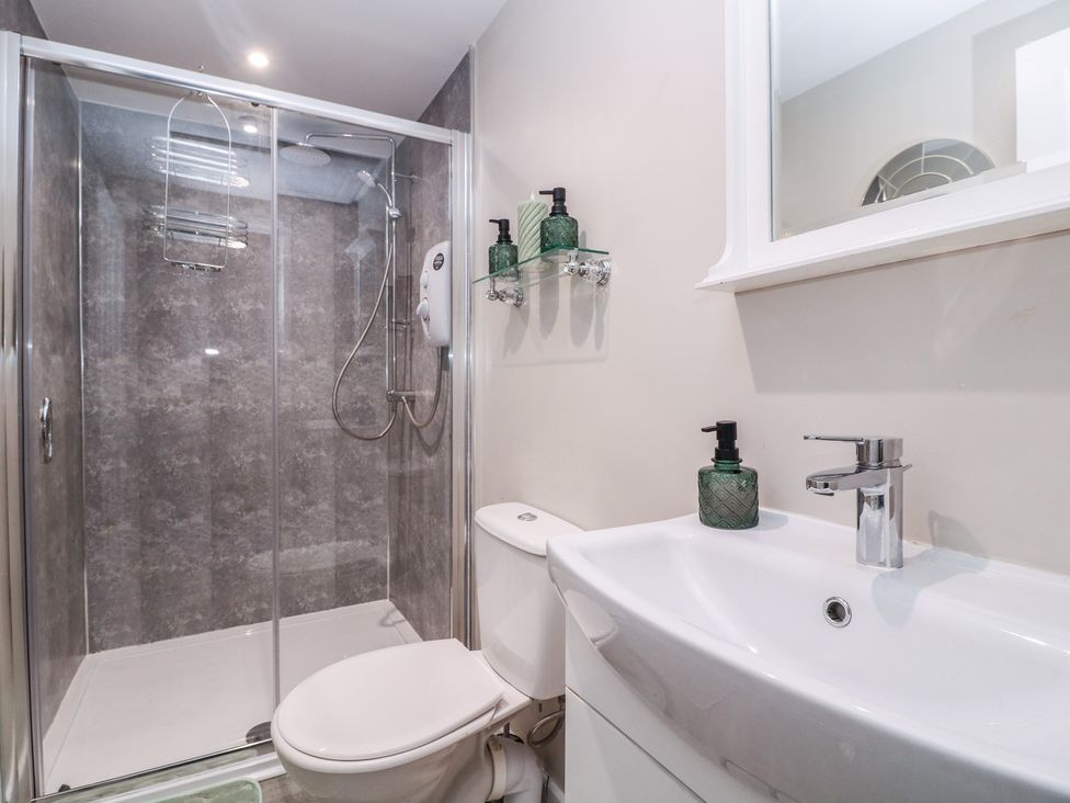 A bathroom with a shower, toilet, and sink at Herriots Bridge Cottage Annex in Bristol