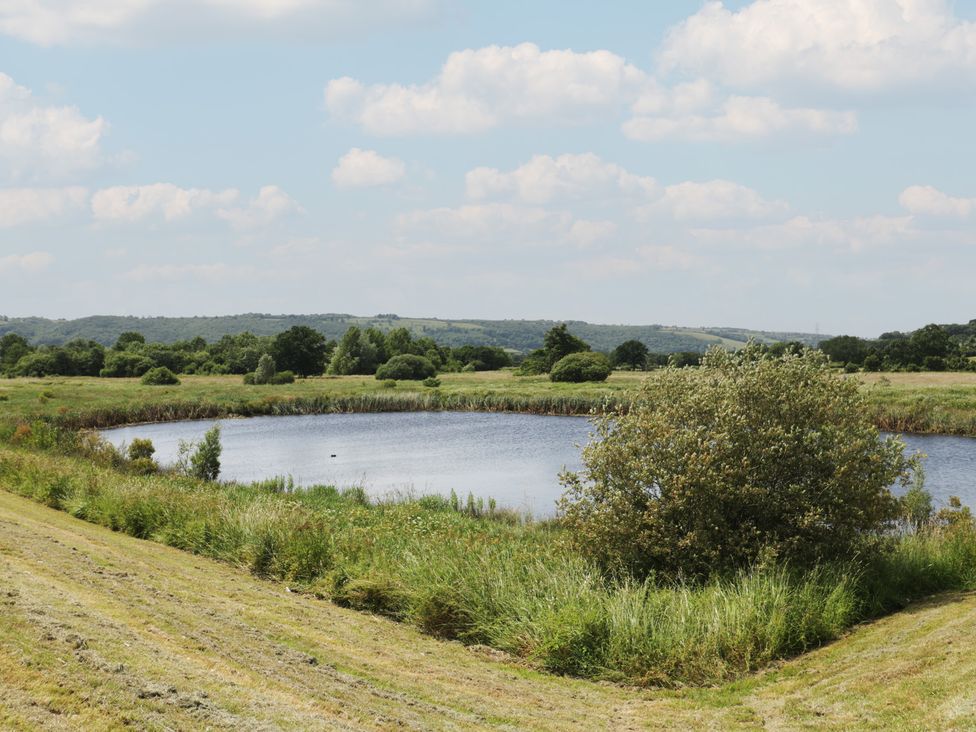 A pond surrounded by grass and trees at Herriots Bridge Cottage Annex near Bishop Sutton