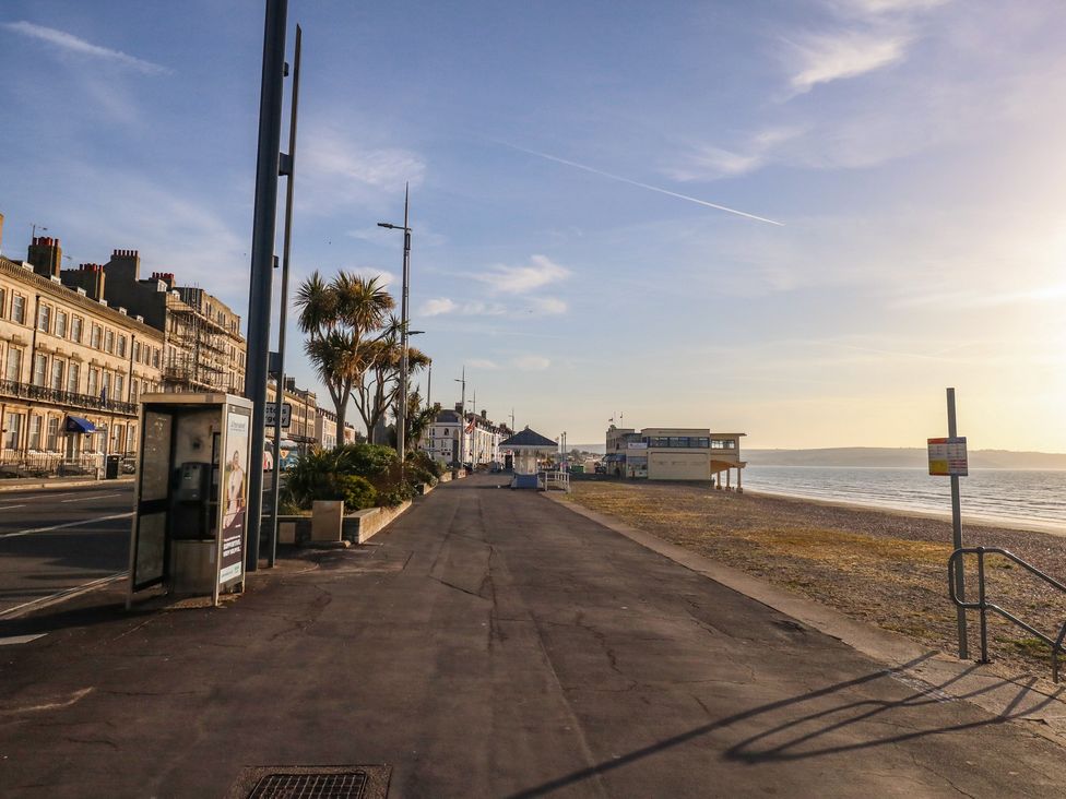 A beach promenade with buildings and palm trees at Number 3 by the Sea, Weymouth