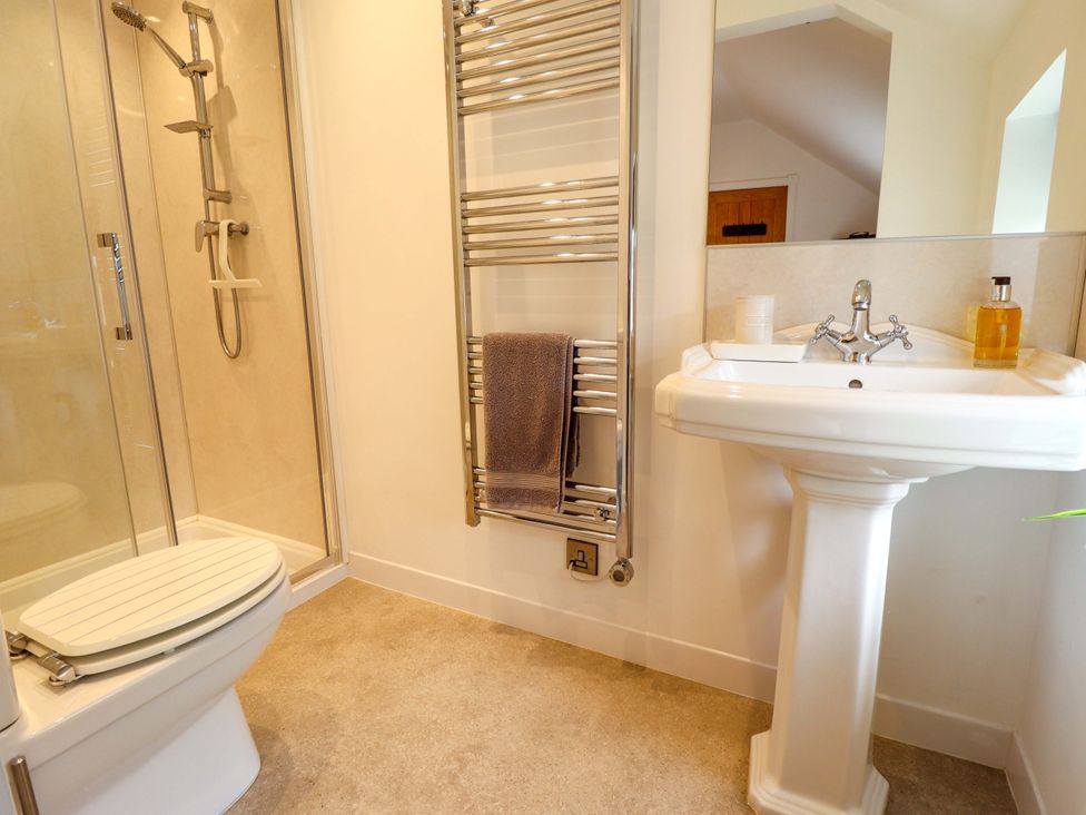 A bathroom with shower, toilet, sink and towel rail at The Hen House 