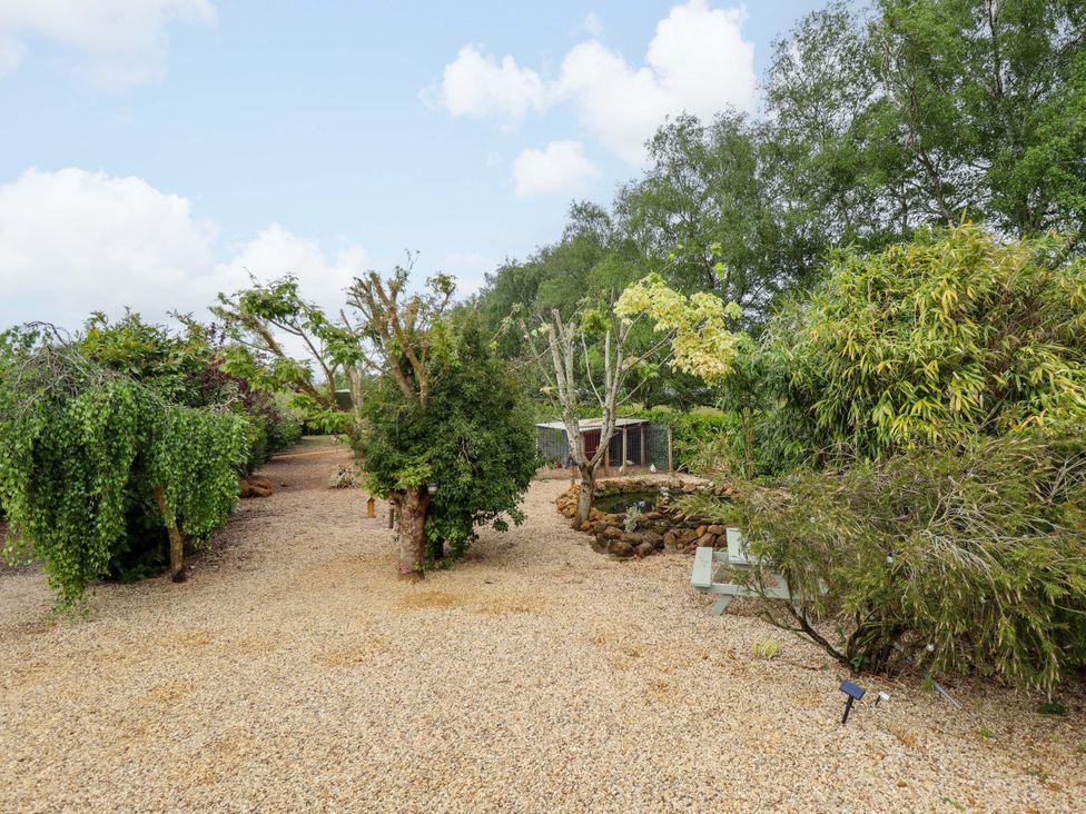A garden with gravel paths and various trees at The Hen House 