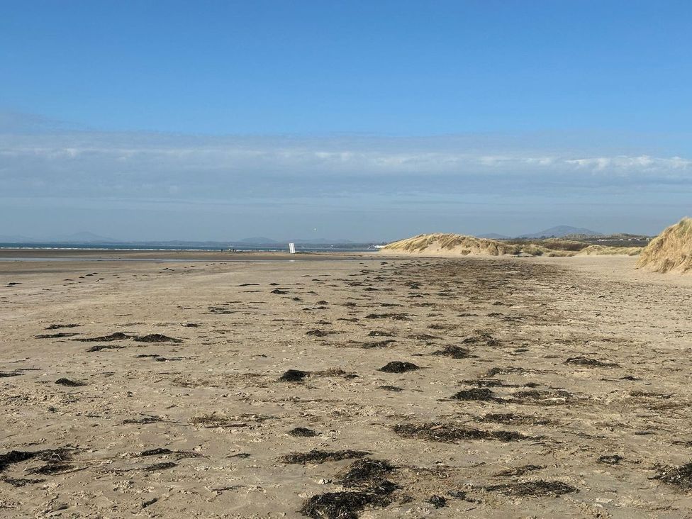 A beach with sand and seaweed at Seagull Shack Morfa Bychan