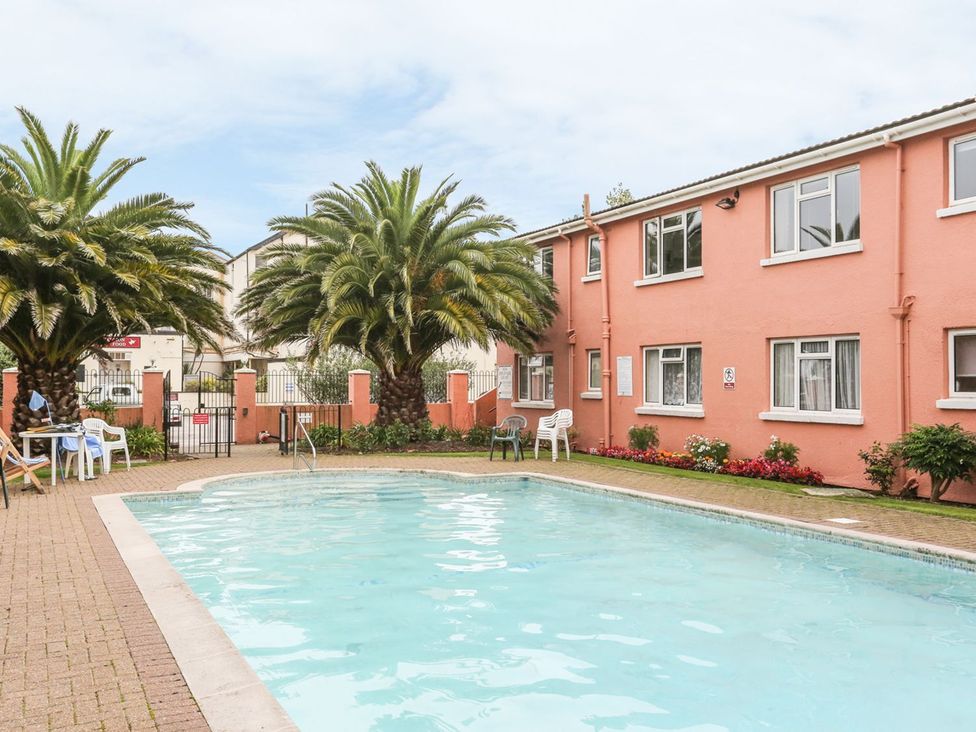An outdoor area with a swimming pool and palm trees at Devon Seaside Apartment in Paignton