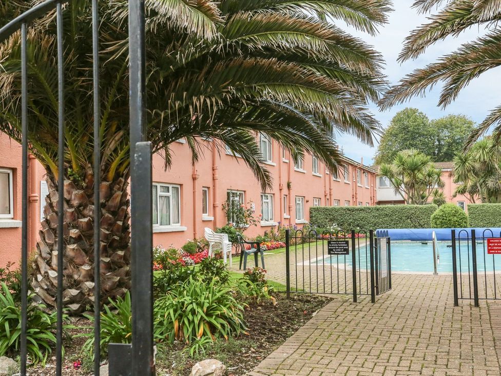 An outdoor swimming pool surrounded by palm trees at Devon Seaside Apartment in Paignton
