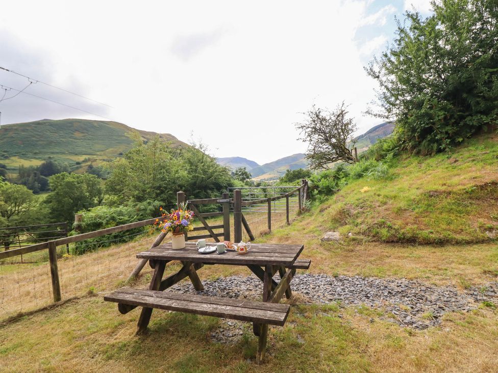A picnic table with a vase of flowers in a garden at Frondirion Dinas Mawddwy