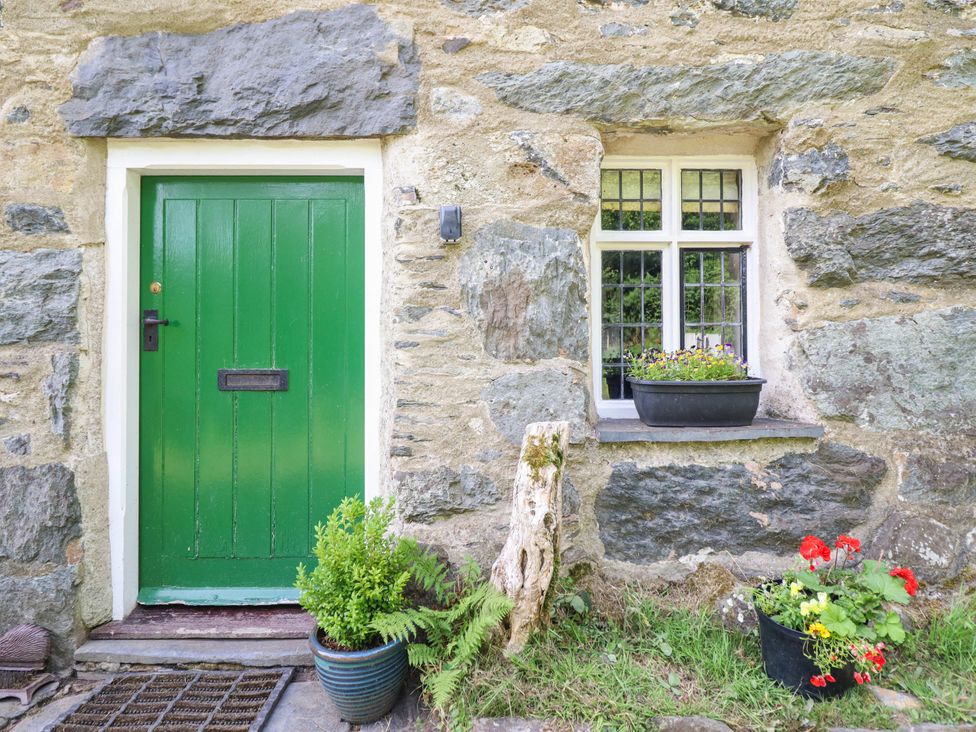 A green door and window with flower pots at Frondirion in Dinas Mawddwy