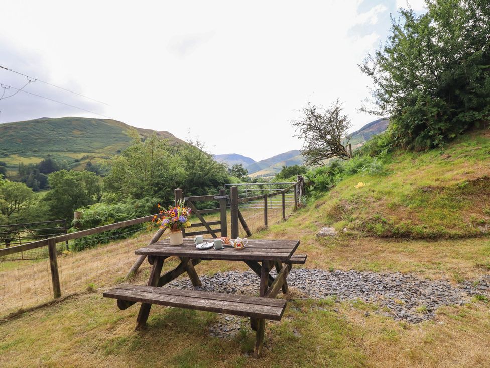 A picnic table with flowers in a vase overlooking mountains at Frondirion Dinas Mawddwy