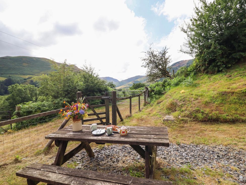 An outdoor seating area with a table and flowers at Frondirion in Dinas Mawddwy