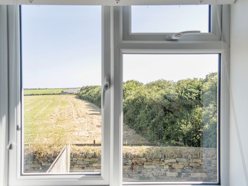A view from a window showing a field and hedge at Buttercup Cottage in St Merryn