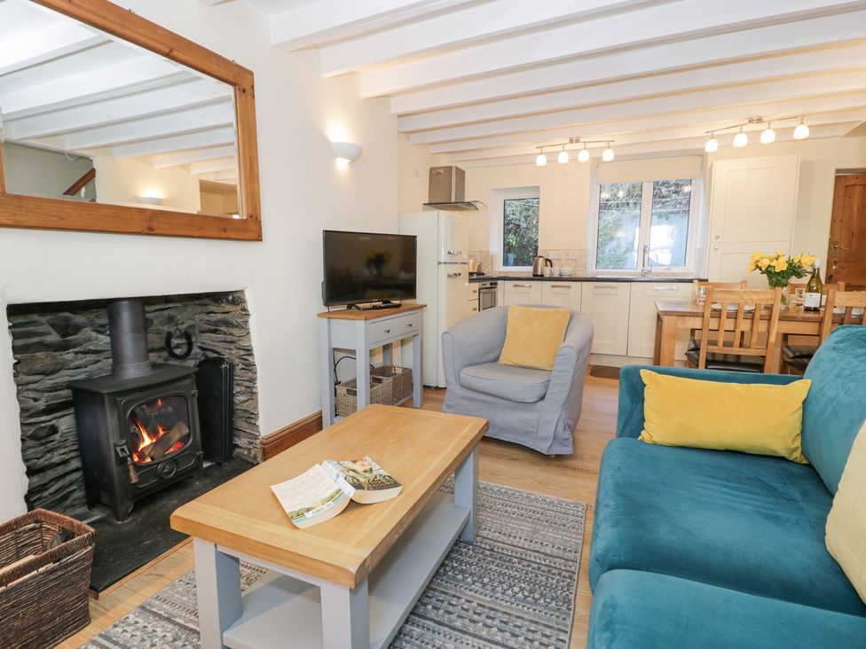 A living room with a fireplace and a television at Ty Gwyn in Aberdovey