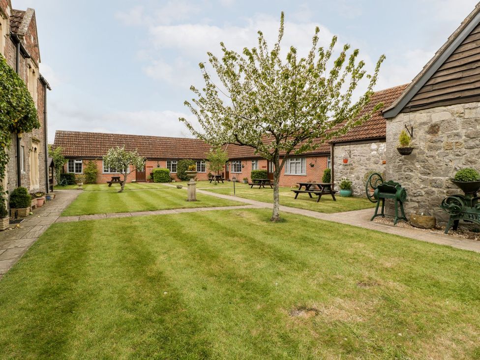 A garden with trees and picnic tables at Oak Tree in Weston-super-Mare