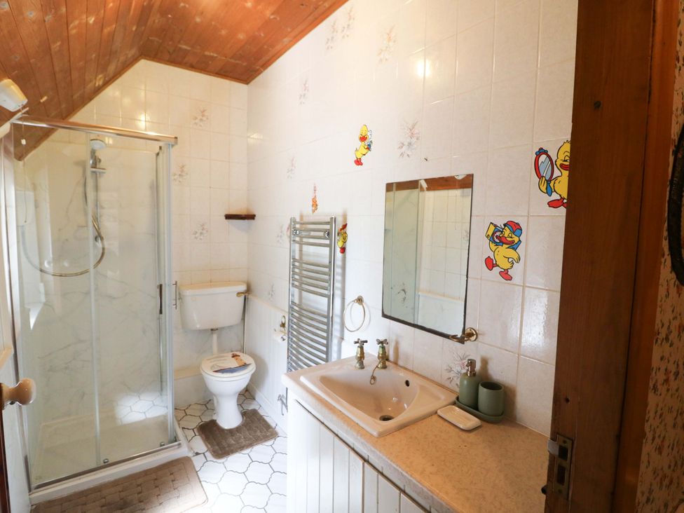 A bathroom with a shower, toilet, sink, and towel radiator at Gullane East in Rathmore, County Kerry