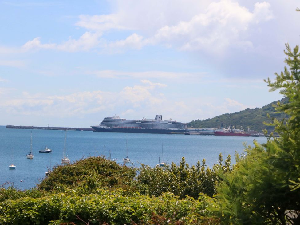 A view of a cruise ship and cargo ship in the water with yachts at Little Gem in Weymouth