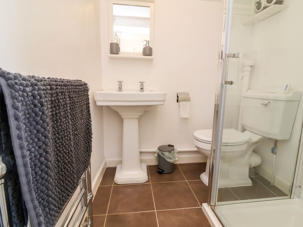 A bathroom with sink, toilet, and shower at Coach House Highampton near Black Torrington