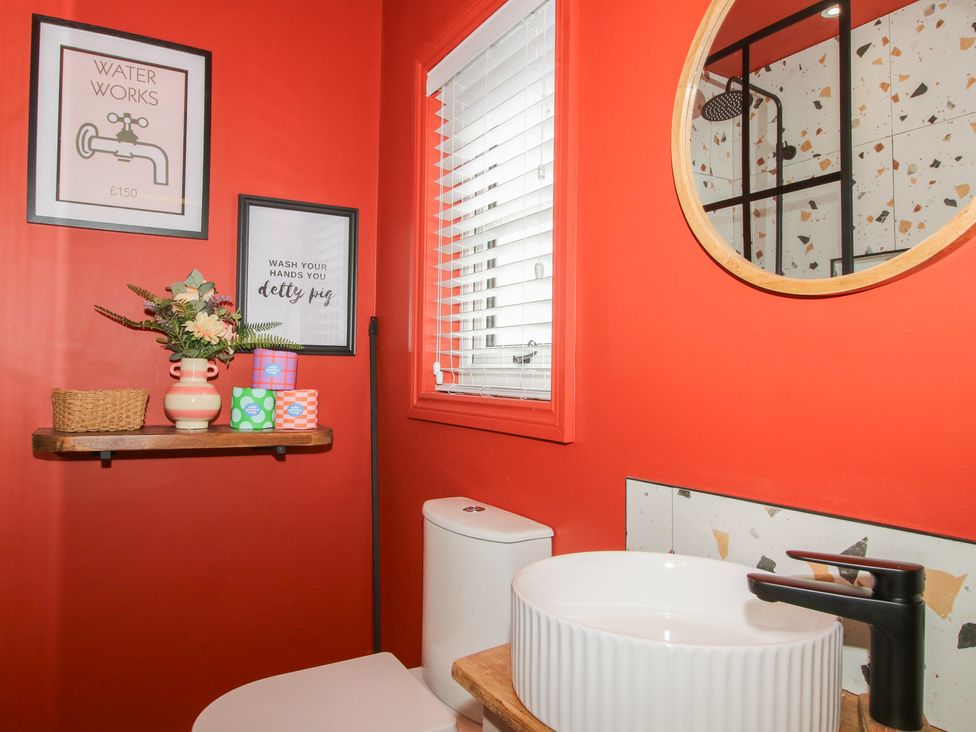A bathroom with a sink and toilet at The Dinky Dairy Treflach near Trefonen