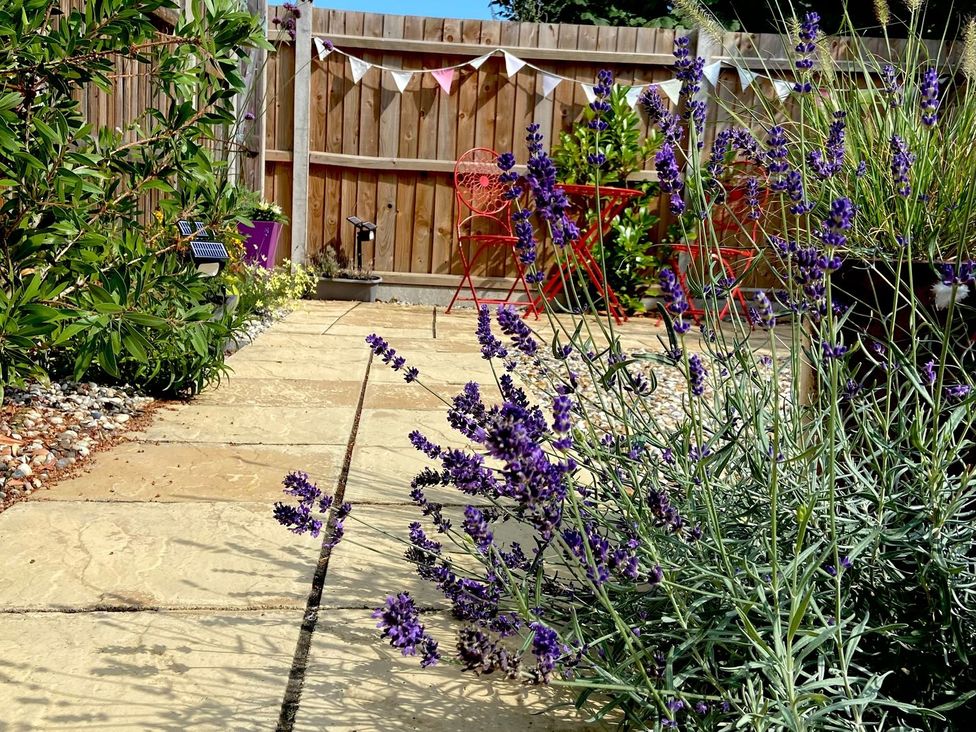 A garden with lavender, paving stones, and a red metal table and chairs at Lapwings, Aldeburgh