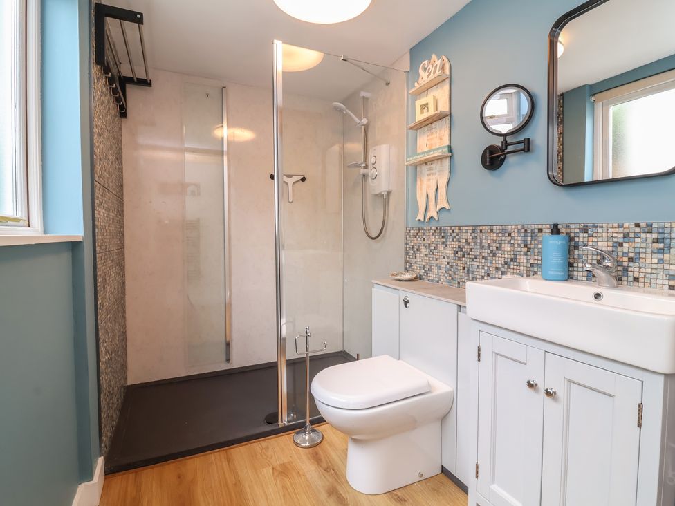 A bathroom with a shower, toilet, and sink at Dingle Dell in Braunton