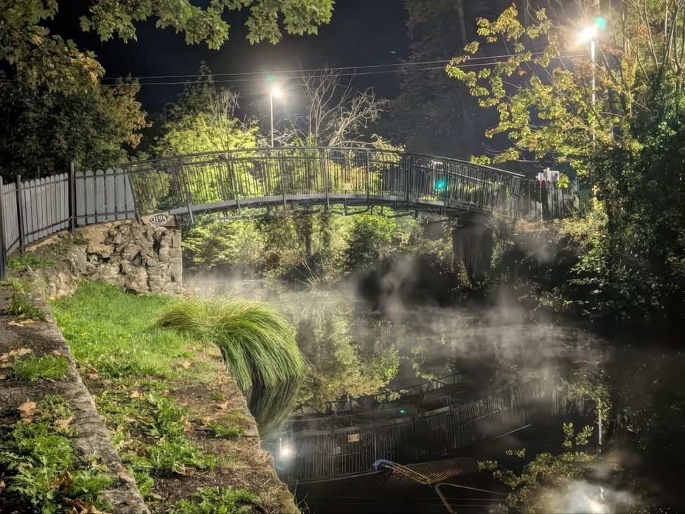 A bridge over water surrounded by trees at night at Cozy Cabin Retreat in Newtown