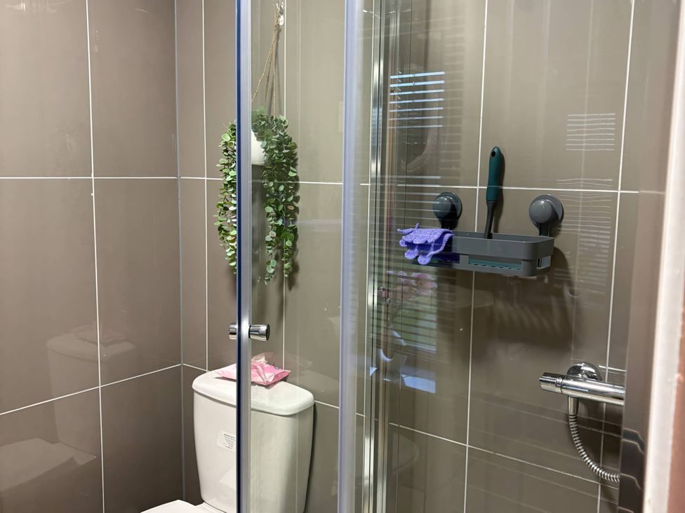 A bathroom with a toilet and shower at Rural 2 double bedrooms Barn in Mill Meece near Eccleshall