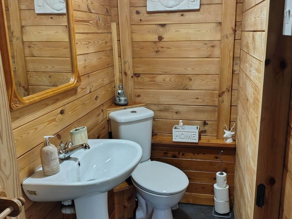 A bathroom with a toilet, sink, and mirror at Forest Cabin Retreat-Sleeps 2-Garden, Wifi, Trails, Alderholt