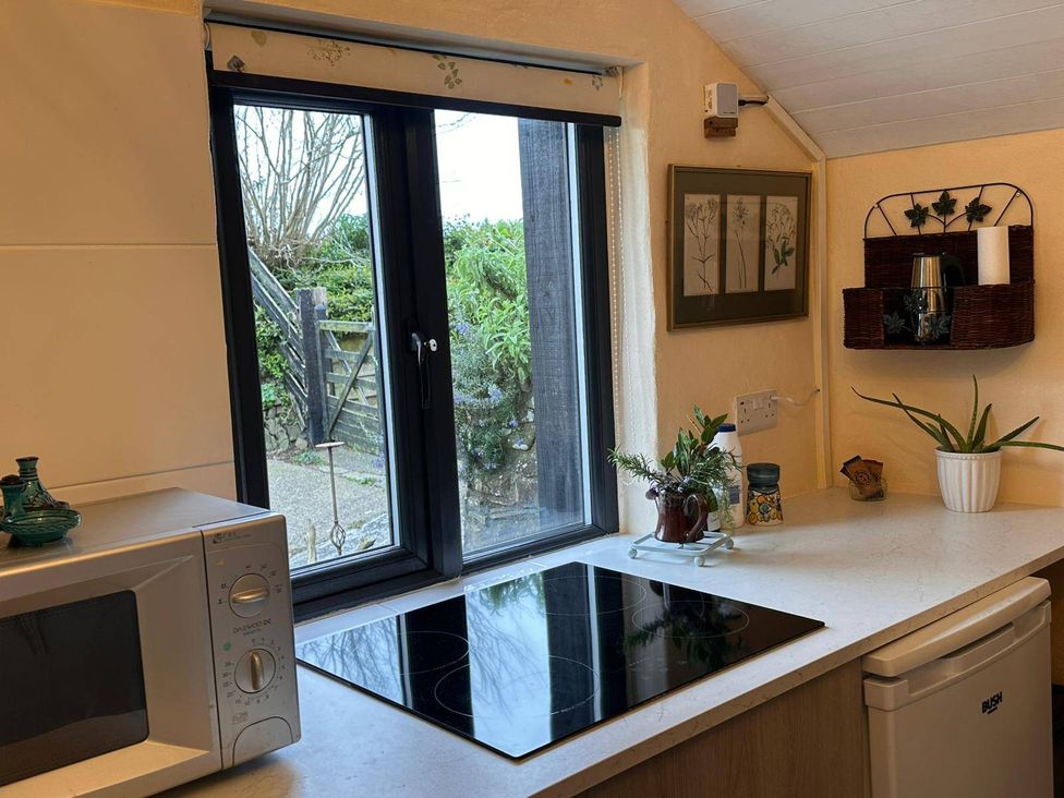 A kitchen with a microwave and cooktop at Little Linney Sleeps 2 Garden  Parking  Wifi Hartland