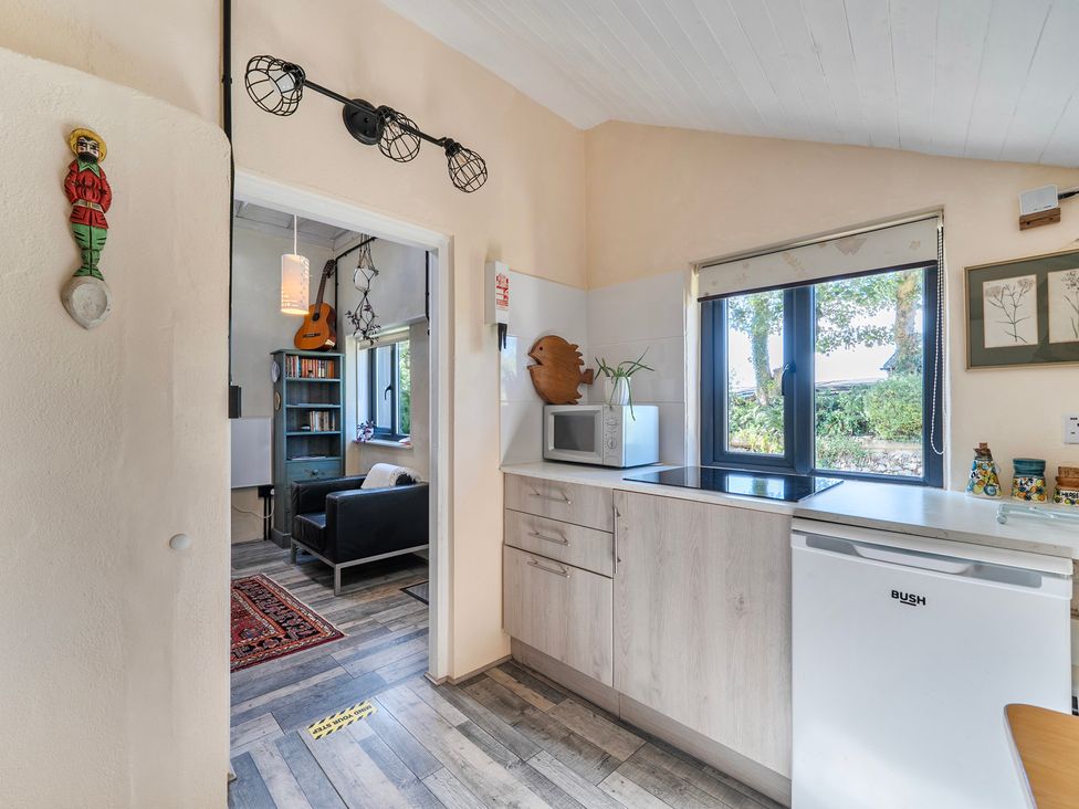 A kitchen with a microwave and cabinets at Little Linney Sleeps 2 Garden Parking Wifi in Hartland