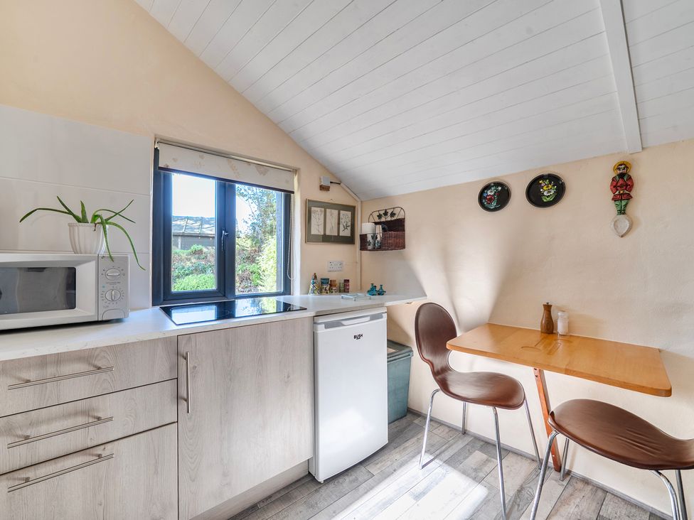 A kitchen with a microwave, refrigerator, and table at Little Linney Sleeps 2 Garden Parking Wifi, Hartland