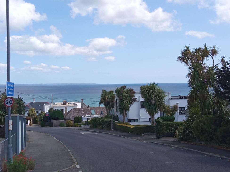 A view of houses and palm trees with the sea in the background at Ground Floor Cornish Retreat Free Parking in Bodmin
