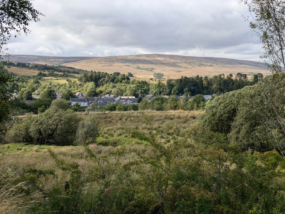 A view of houses and fields with hills in the background at Pet Friendly - Lodge at Riverview Holiday Park, Mangerton near Newcastleton