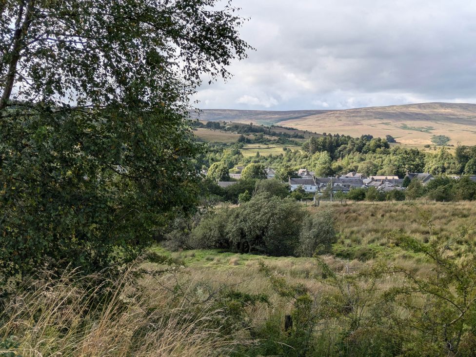 A view of houses and hills with trees at Pet Friendly - Lodge at Riverview Holiday Park, Mangerton near Newcastleton
