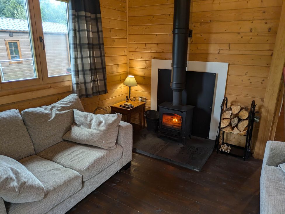 A living room with a sofa and fireplace at Pet Friendly - Lodge at Riverview Holiday Park Mangerton near Newcastleton