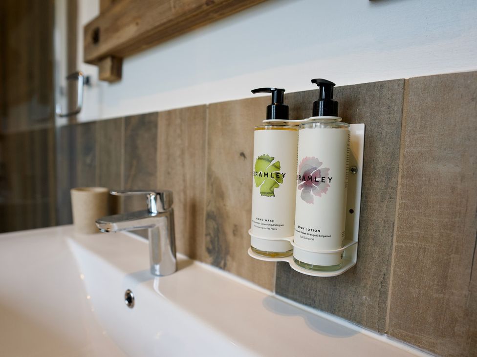 A bathroom with sink and hand wash and body lotion at TBC 