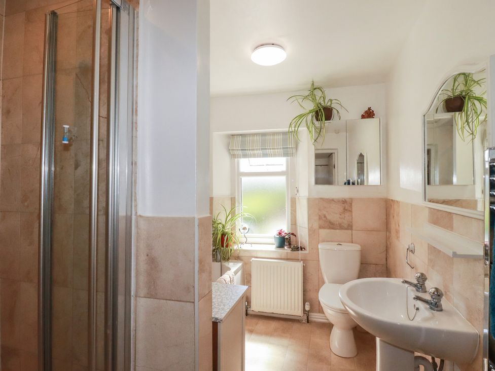 A bathroom with a shower, toilet, and sink at 39 Southgate Street
