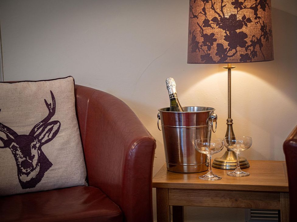 A living room with a chair, cushion, lamp, table, and champagne at Edengrove Aberfeldy