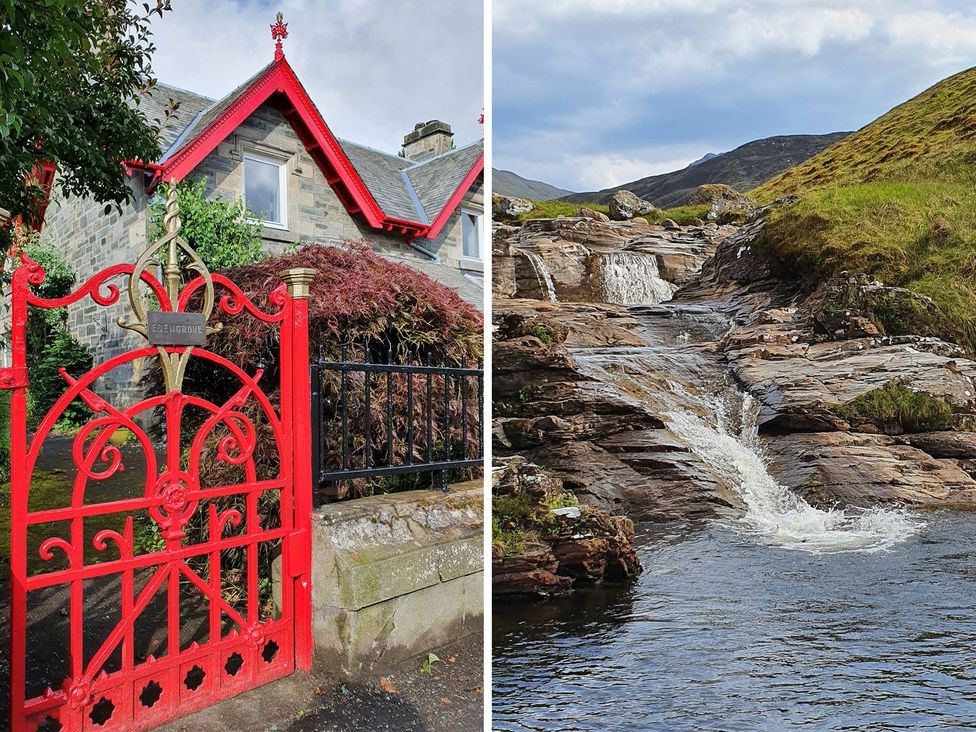 A gate leading to a house with a bush and waterfall at Edengrove Aberfeldy