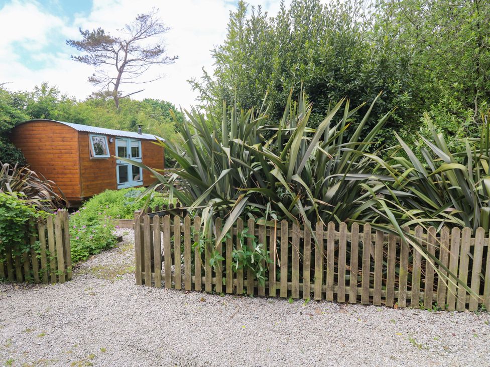 A wooden structure surrounded by plants and a fenced area at Shepherds Hut in Truro