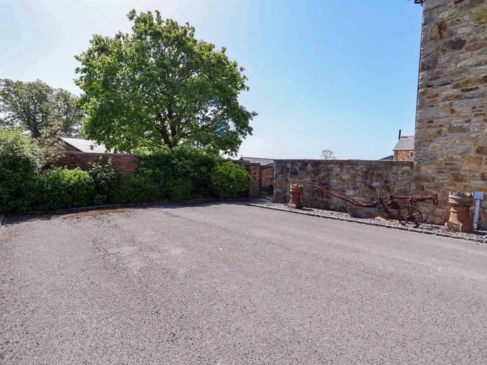 An outdoor area with a tree and stone wall at Ty Haf in Rhosemor