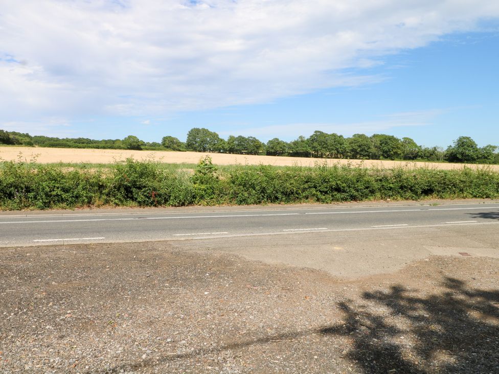 A view of a field with trees beside a road at Lucerne Cottage in Dorking