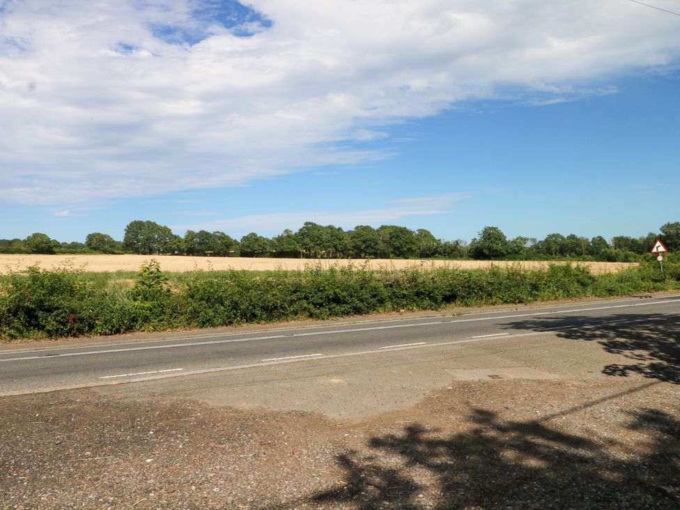 A field with trees and a road at Lucerne Cottage in Dorking